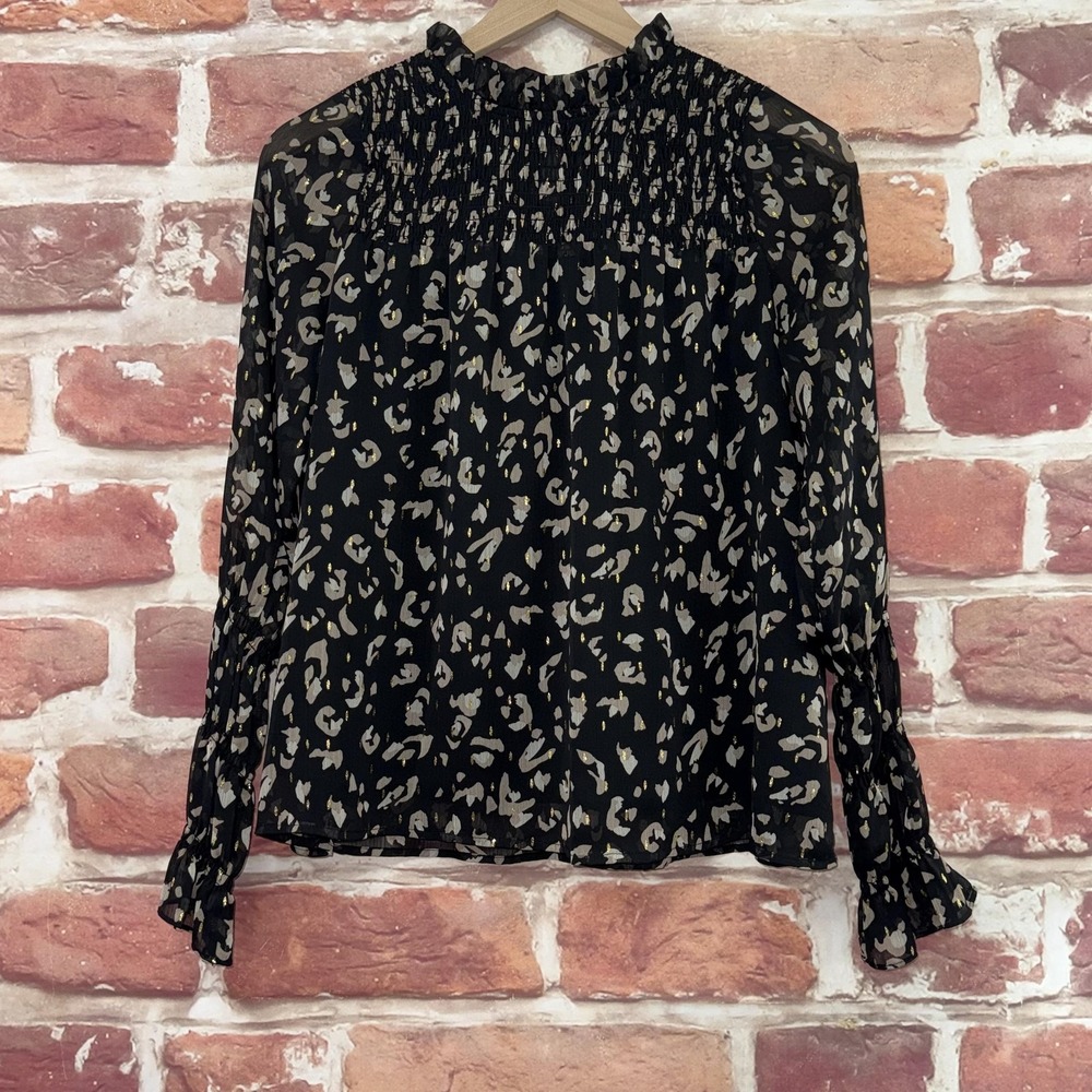 Anthropologie THML Top Women's XS Black Metallic Animal Print Chic Ruffle Shirt